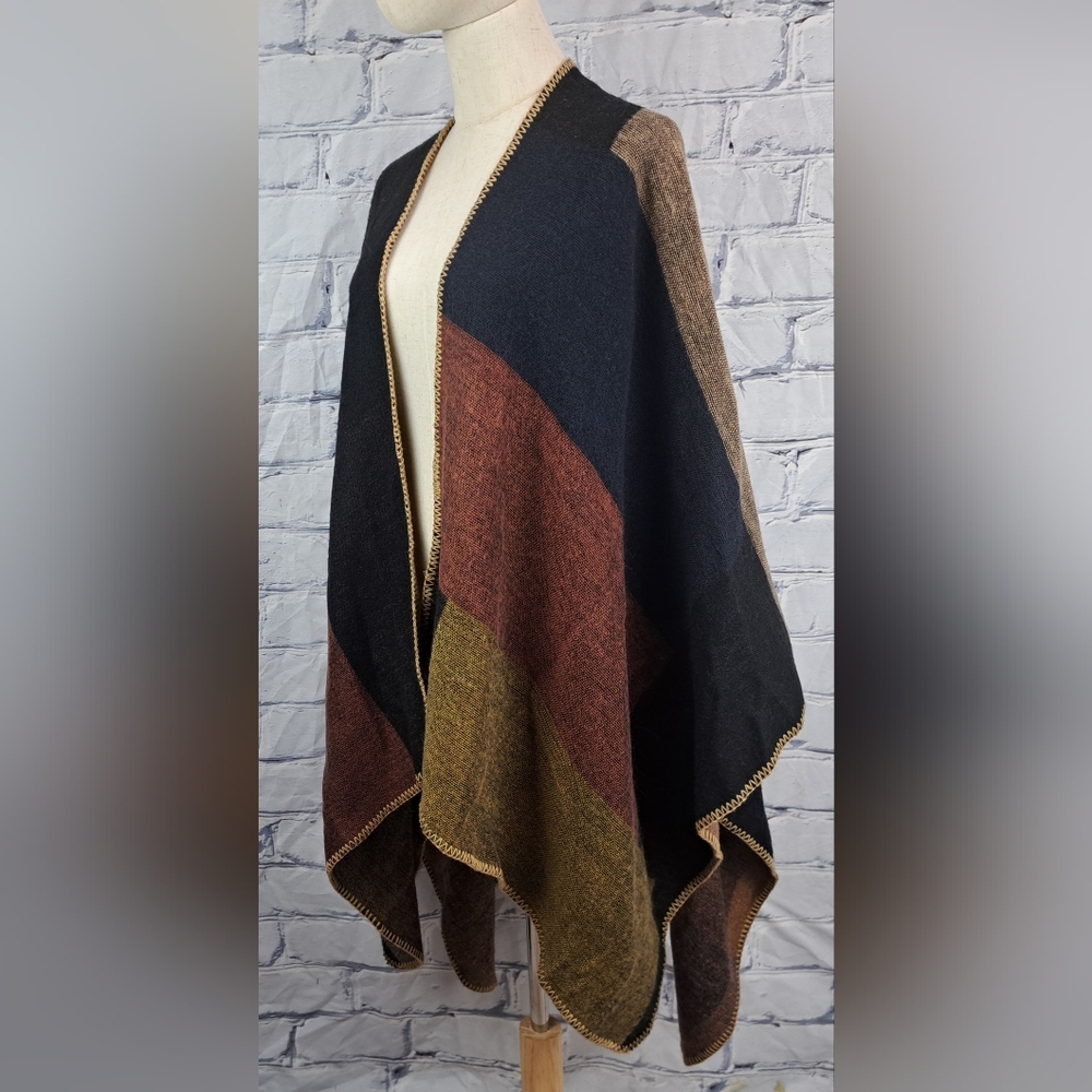 Danier Womens Cape Poncho Boho Wrap Blanket Shawl Open Front Colorblock One Size - Picture 7 of 13